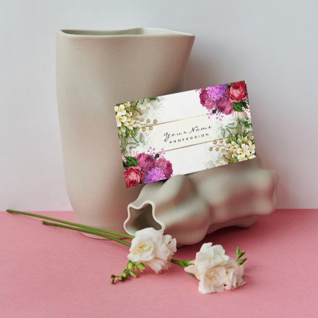 Event Planner Floral Red Roses Pink Green Gold Business Card (Creator Uploaded)