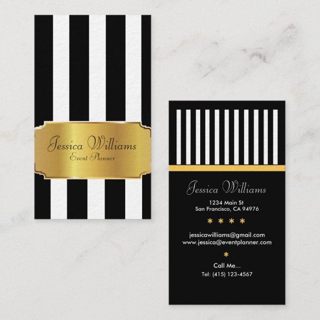 Event Planner Gold Label On Black Stripes Business Business Card (Front/Back)