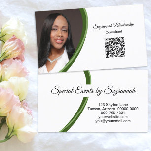 Event Planner Green White Custom Photo QR Code Business Card