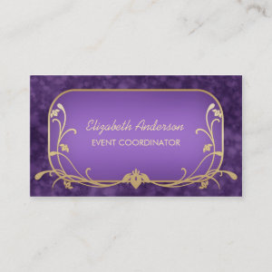 Event Planner Luxury Purple and Gold Floral Swirls Business Card