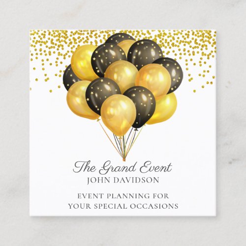 Event Planner Modern Gold Black Balloons Glitter B Square Business Card