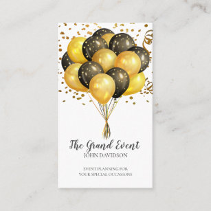Event Planner Modern Gold Black Balloons Glitter Business Card