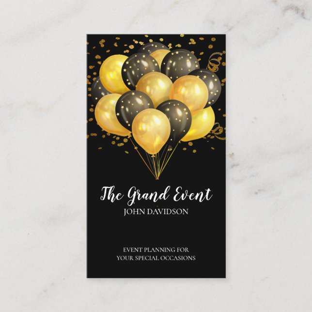 Event Planner Modern Gold Black Balloons Glitter Business Card (Front)