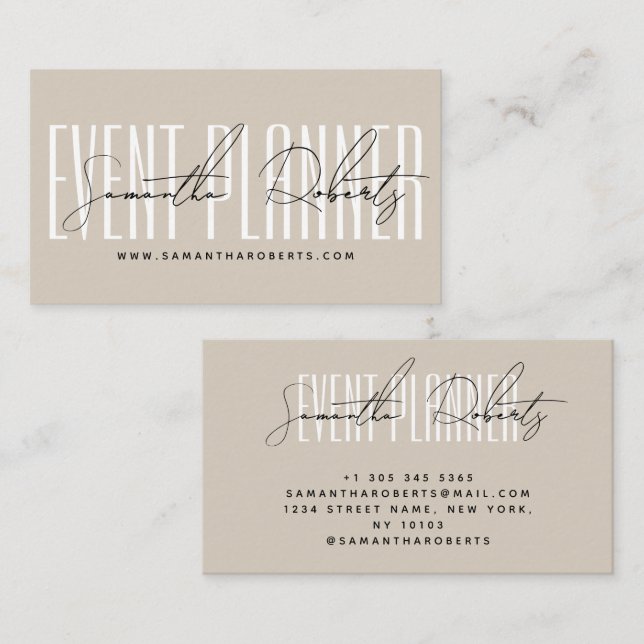 Event planner modern typography script beige business card (Front/Back)