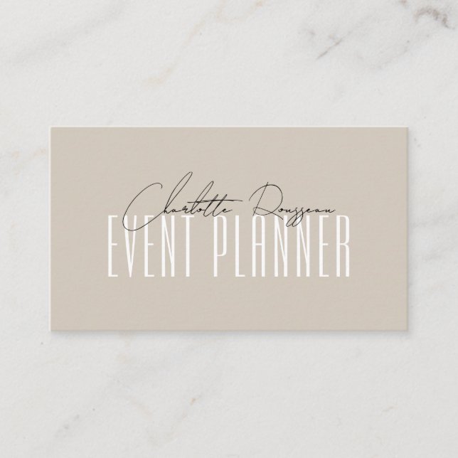Event Planner Modern Typography Script Beige Business Card (Front)