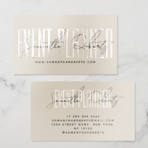 Event planner modern typography script beige raised spot UV business card