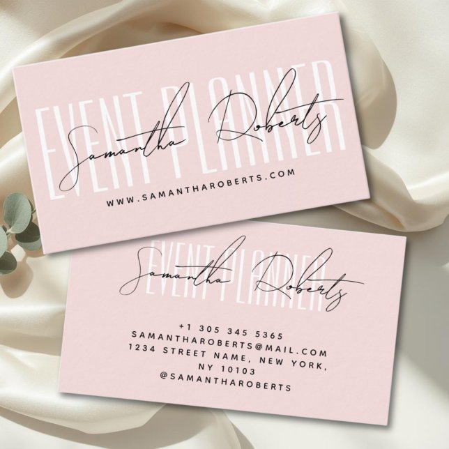 Event planner modern typography script blush pink business card (Creator Uploaded)