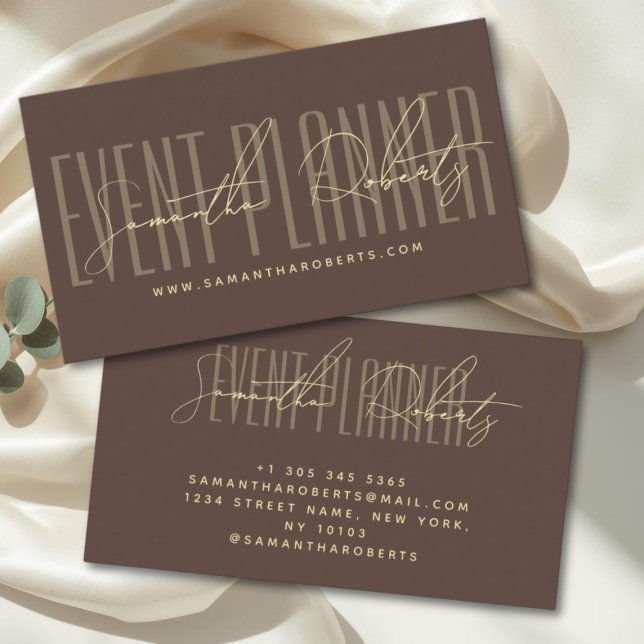 Event planner modern typography script brown business card (Creator Uploaded)