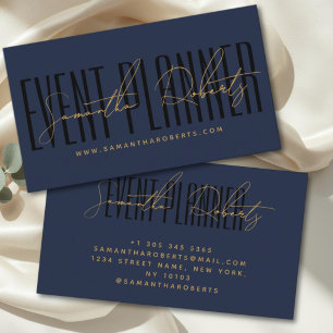 Event planner modern typography script navy blue business card
