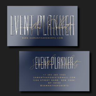 Event planner modern typography script navy blue raised spot UV business card