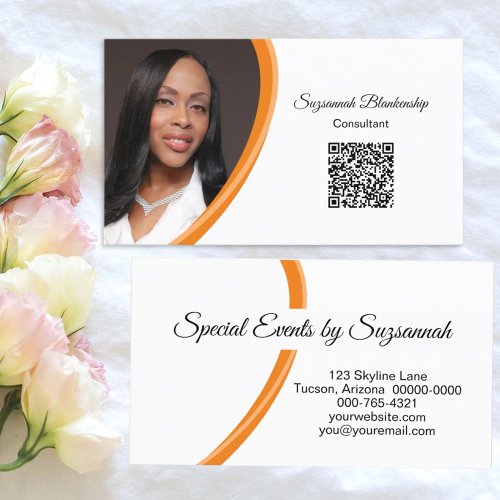 Event Planner Orange White Custom Photo QR Code Business Card