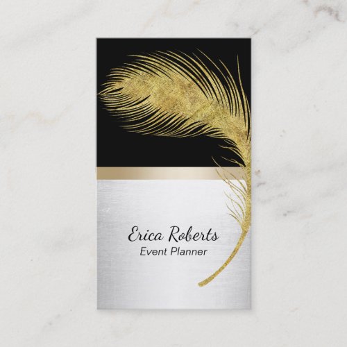 Event Planner Peacock Feather Modern Black  Gold Business Card