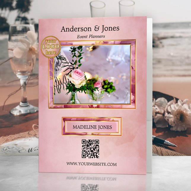 Event Planner Photo Pink Pocket Folder (Pocket folder showing a pink marbled design with your custom photo, a QR code template and logo)