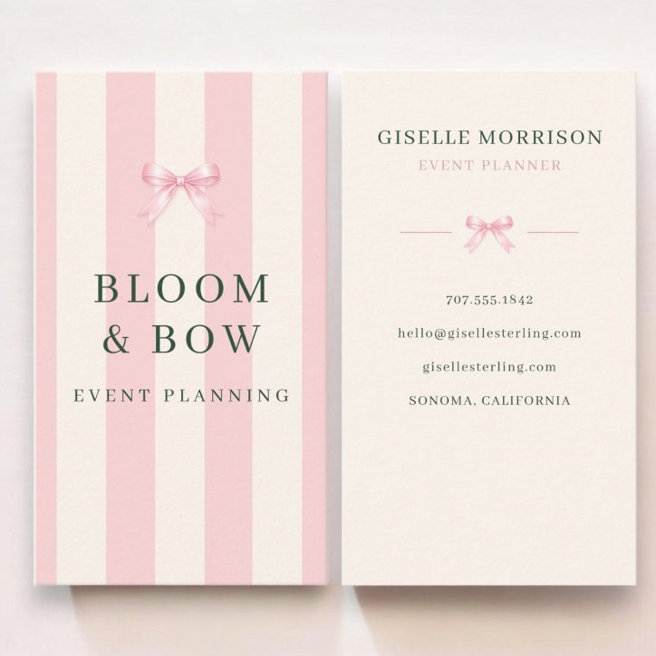 Event Planner Pink And Green Striped Preppy Bow Business Card