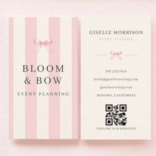 Event Planner Pink Green Striped Bow QR Code Business Card