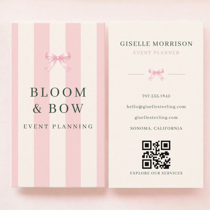 Event Planner Pink Green Striped Bow QR Code Business Card
