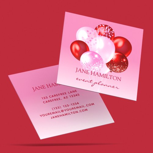 Event Planner Pink Red Balloons Square Business Card