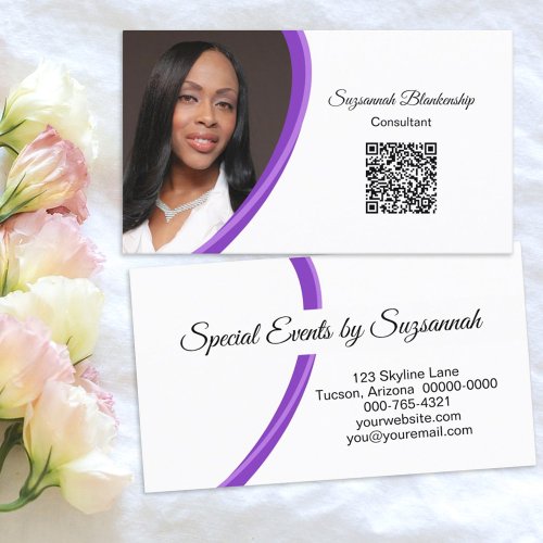 Event Planner Purple White Custom Photo QR Code  Business Card