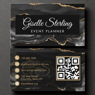 Event Planner QR Code Black Gold Agate Luxury  Business Card