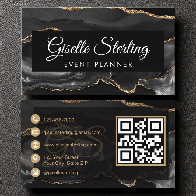 Event Planner QR Code Black Gold Agate Luxury  Business Card (Creator Uploaded)