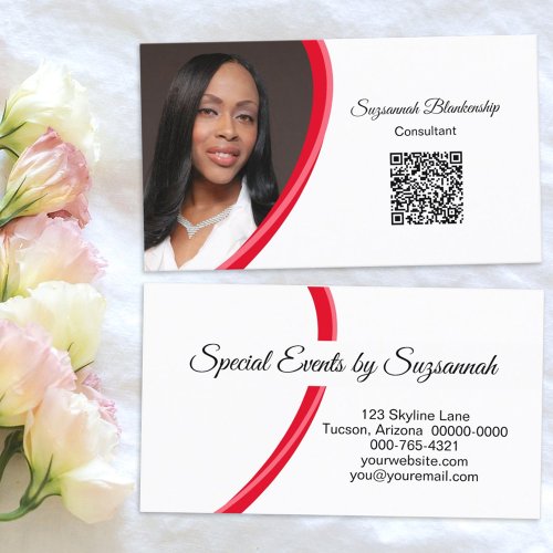 Event Planner Red White Custom Photo QR Code  Business Card