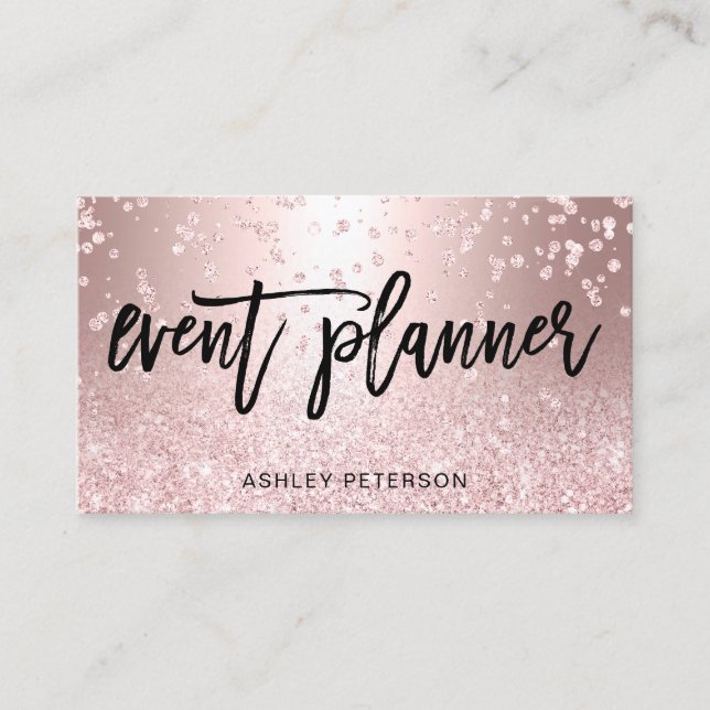 Event planner rose gold glitter metallic confetti business card (Front)