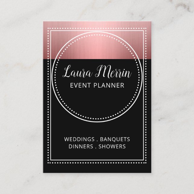 Event Planner Rose Gold Metallic On Black Business Card (Front)