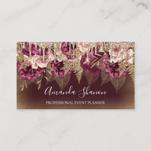 Event Planner Roses Flowers Drips QR Logo Marsala Business Card