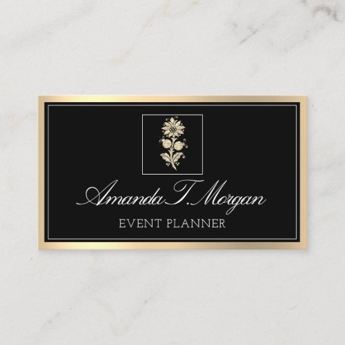 Event Planner Wedding  Gold Flower Frame Black Business Card