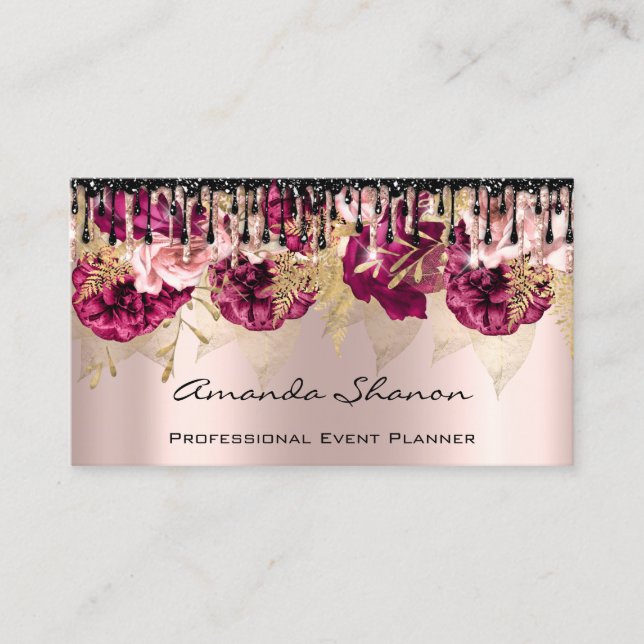 Event Planner Wedding Rose Floral Drip Logo QRCode Business Card (Front)