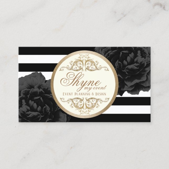 Event Planning Black Floral Modern Stripes Business Card (Front)