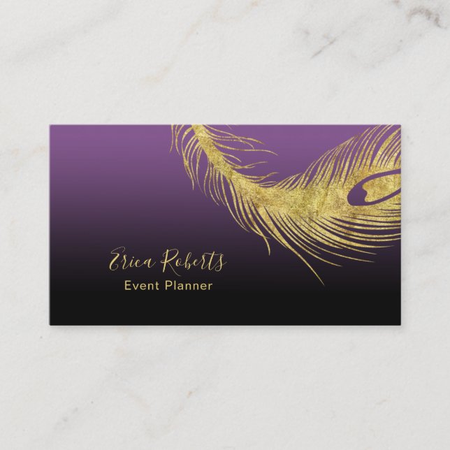 Event Planning Elegant Gold Peacock Feather Purple Business Card (Front)