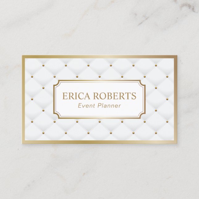 Event Planning Luxury White & Gold Elegant Business Card (Front)