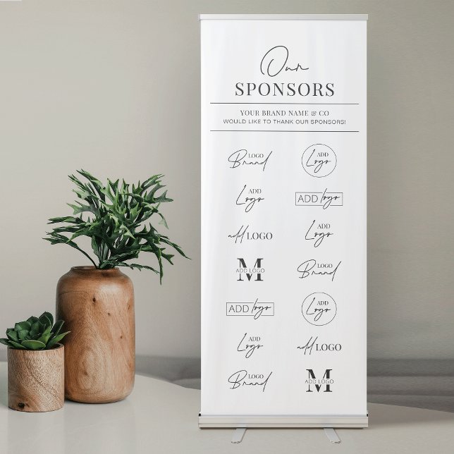 Event Sponsor Logos Business Donors Backdrop Retractable Banner (Minimalist modern event sponsors logos backdrop pull up banner in black and white)