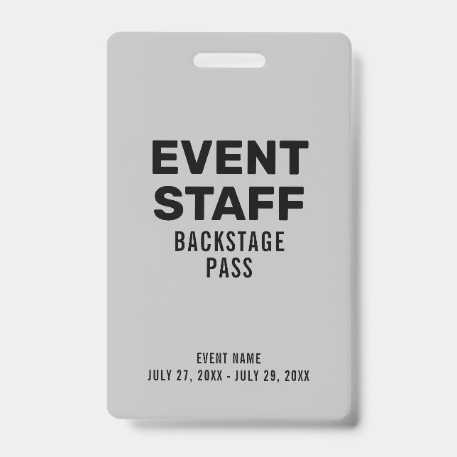 Event Staff Backstage Pass Gray ID Badge (Front)