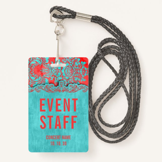 Event Staff Damask Custom Name Concert Badge (Front with Lanyard)