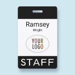 Event Staff Modern Name Badge Custom Logo Black<br><div class="desc">Personalize our professional event staff name badge with your event logo, employee name, or other custom text. It's pvc plastic and available with a metal clip, lanyard, or a retractable reel. This is a black and white name badge with a modern minimalist design. You can easily customize the colors, fonts,...</div>