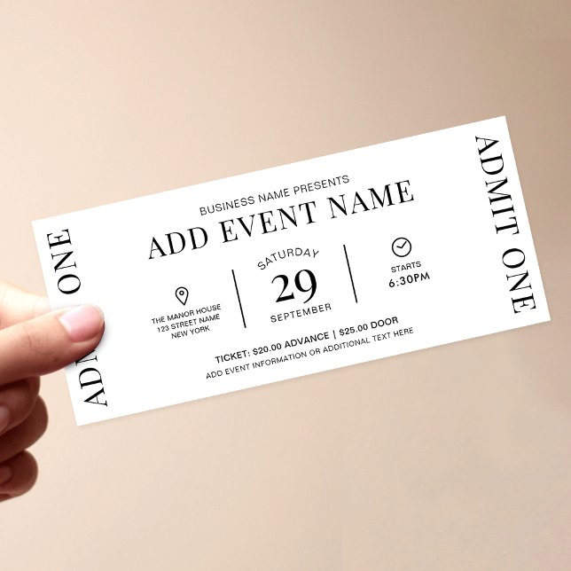 Event Ticket Company Logo Admit One Entry Pass Invitation (Minimalist business or private event tickets with fully editable text, colors and layout)