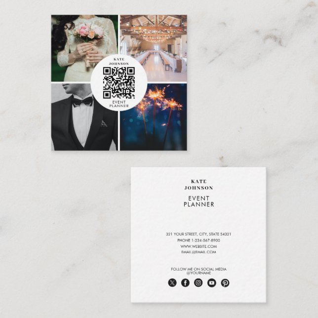 Event Wedding Planner Photo QR Code Social Media  Square Business Card (Front/Back)