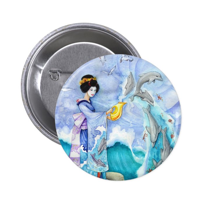 Eventide 2" Button, Geisha Dolphin Surreal Art