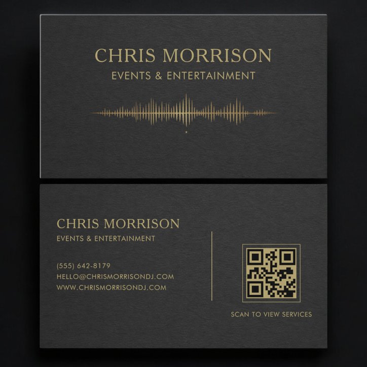 Events Entertainment Music Black Gold QR Code Business Card