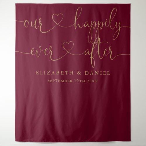 Ever After Burgundy And Gold Script Wedding Tapestry