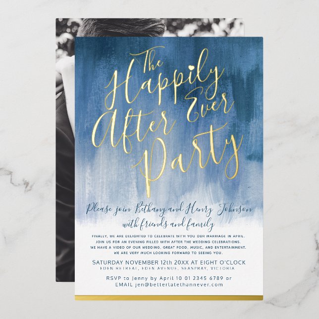 Ever after wedding party foil blue abstract art foil invitation (Front/Back)