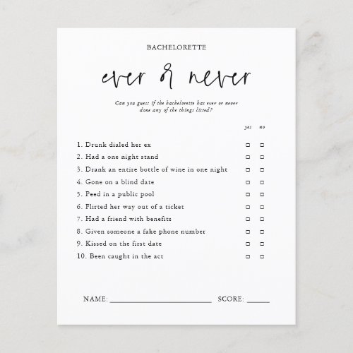 Ever or Never  Bachelorette Party Game Card