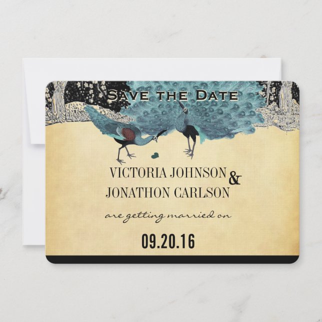 Everafter Art Deco Peacock Golden Forest Wedding Invitation (Front)