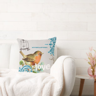 Everafter Bride Teal Coral Gray Cute Bird Birdcage Throw Pillow