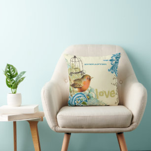 Everafter Bride Teal Lime & Coral Bird Birdcage Throw Pillow