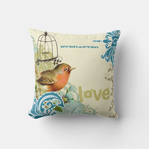 Everafter Bride Teal Lime  Coral Bird Birdcage Throw Pillow
