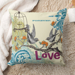 Everafter Bride Teal Lime Coral Plum Bird Birdcage Throw Pillow