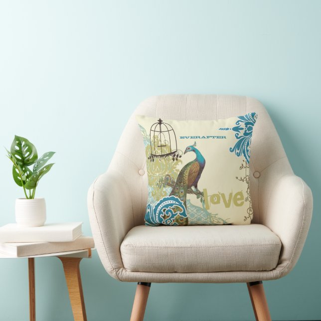 Everafter Bride Teal Lime Peacock Birdcage Throw Pillow (Chair)